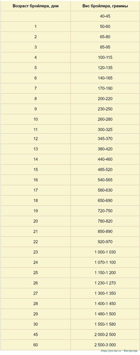 Вес бройлеров по дням таблица и факторы
